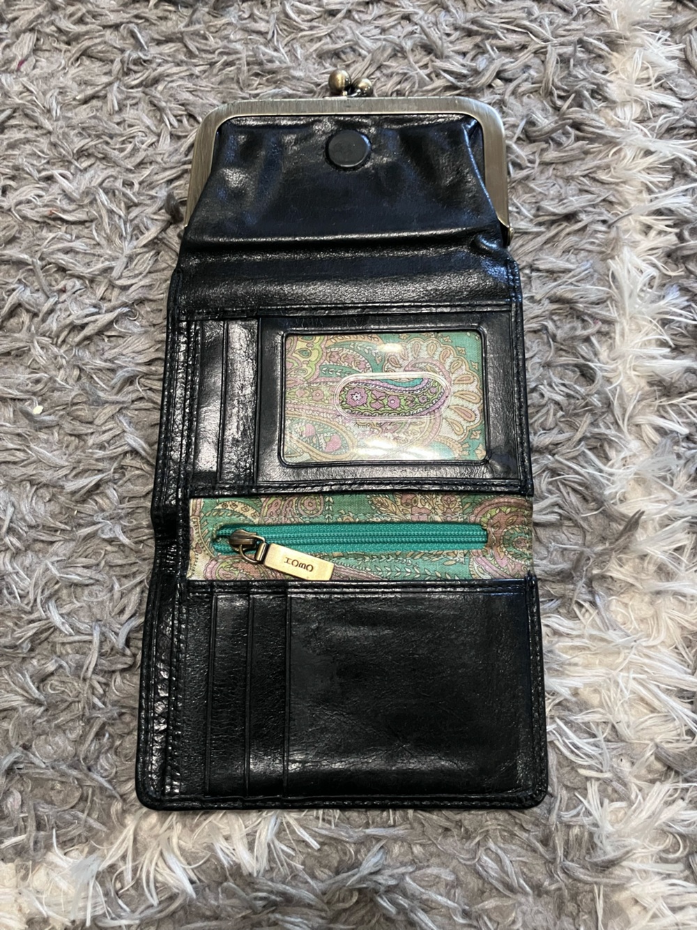 HOBO Black Wallet with Teal and Pink Paisley Interior